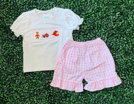 Smocked Pink Plaid Firetruck Set